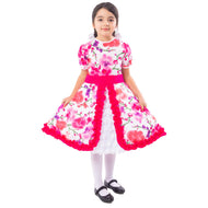 Vestido Huasa Niña - Chinita Color Fucsia diseño con Flores (incluye Falso)