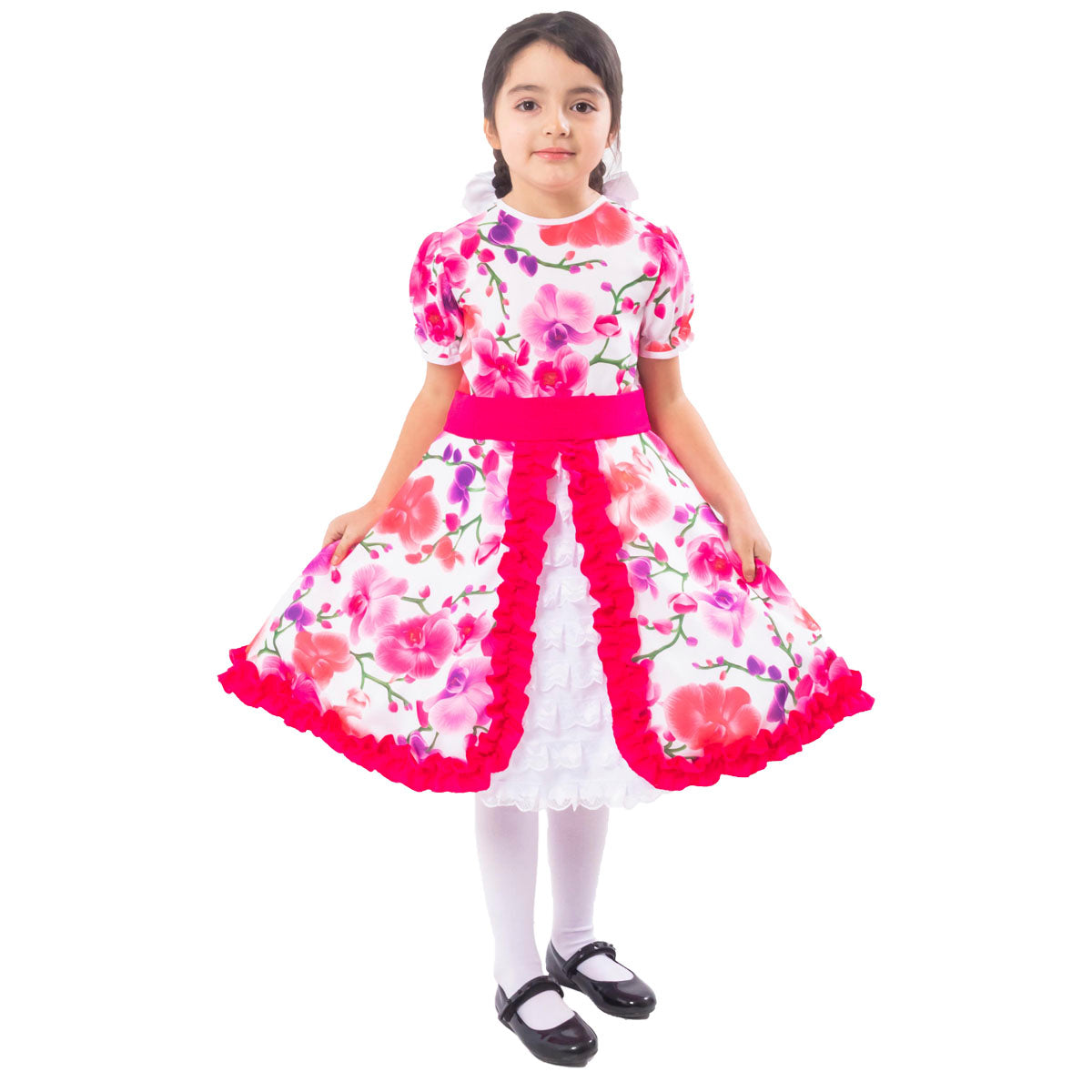Vestido Huasa Niña - Chinita Color Fucsia diseño con Flores (incluye Falso)