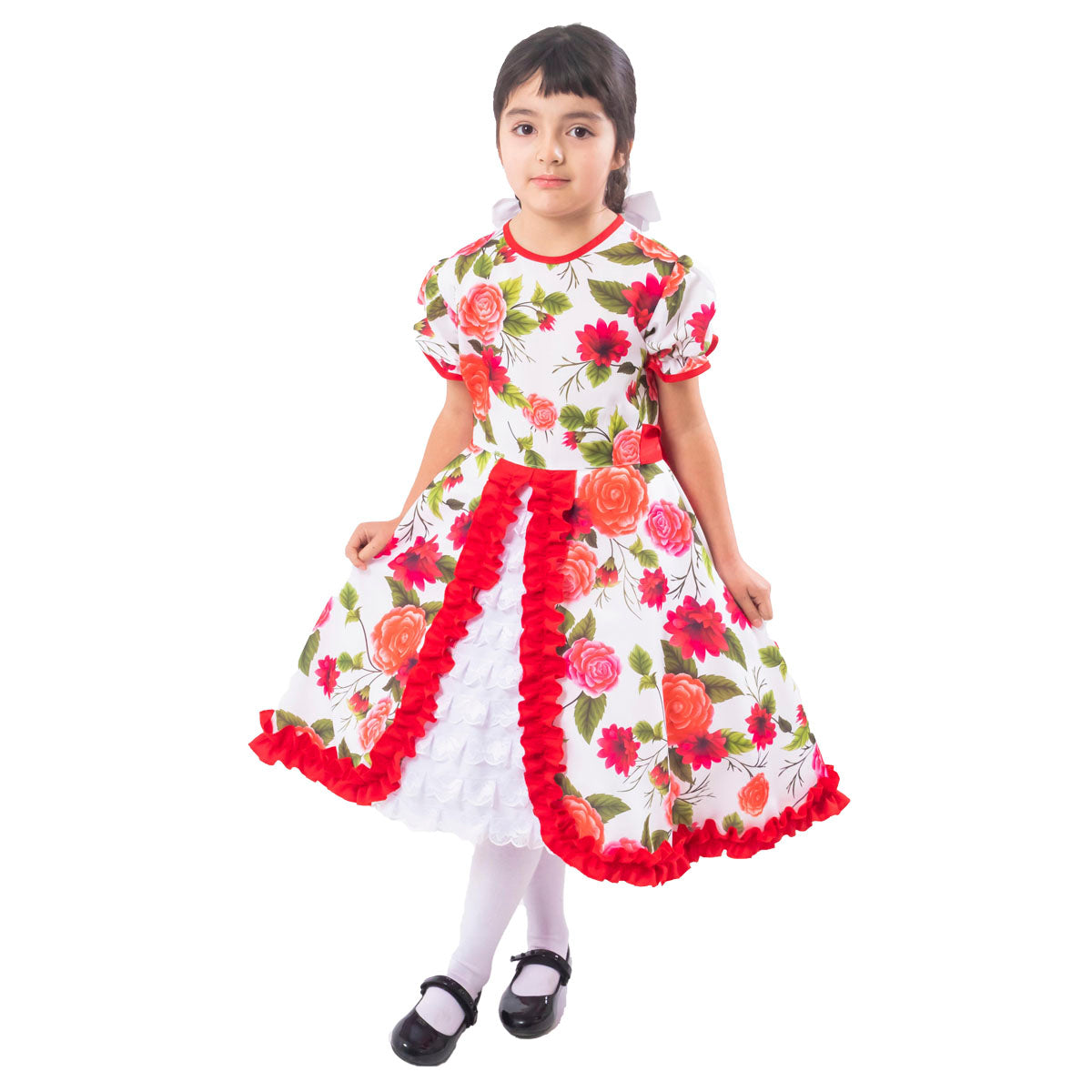 Vestido Huasa Niña - Chinita Color Rojo diseño con Flores (incluye Falso)