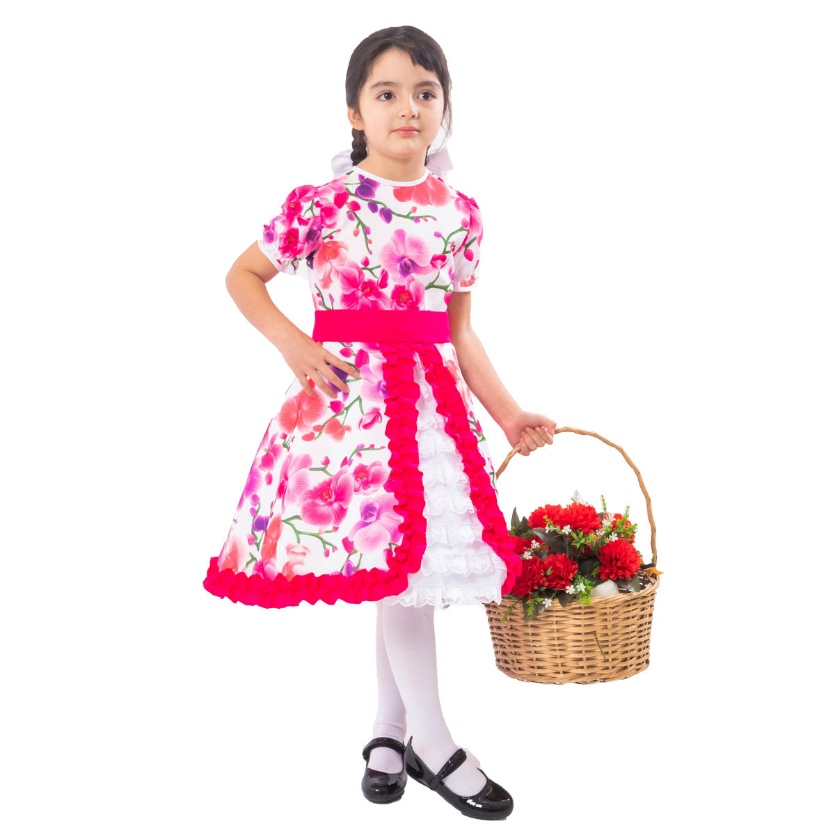 Vestido Huasa Niña - Chinita Color Fucsia diseño con Flores (incluye Falso)
