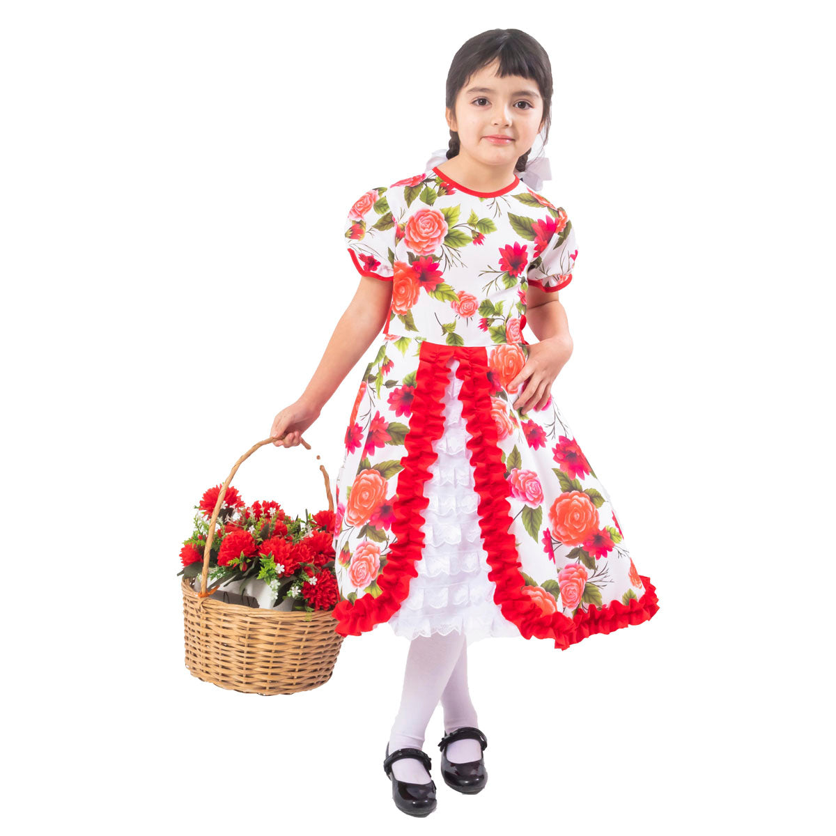 Vestido Huasa Niña - Chinita Color Rojo diseño con Flores (incluye Falso)